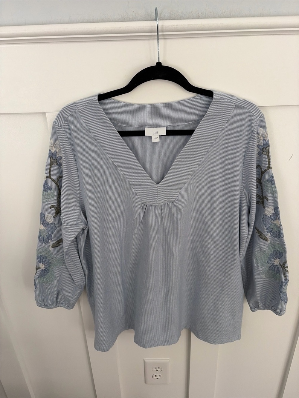 J. Jill Light Blue pinstriped Embroidered V-Neck Women's Top